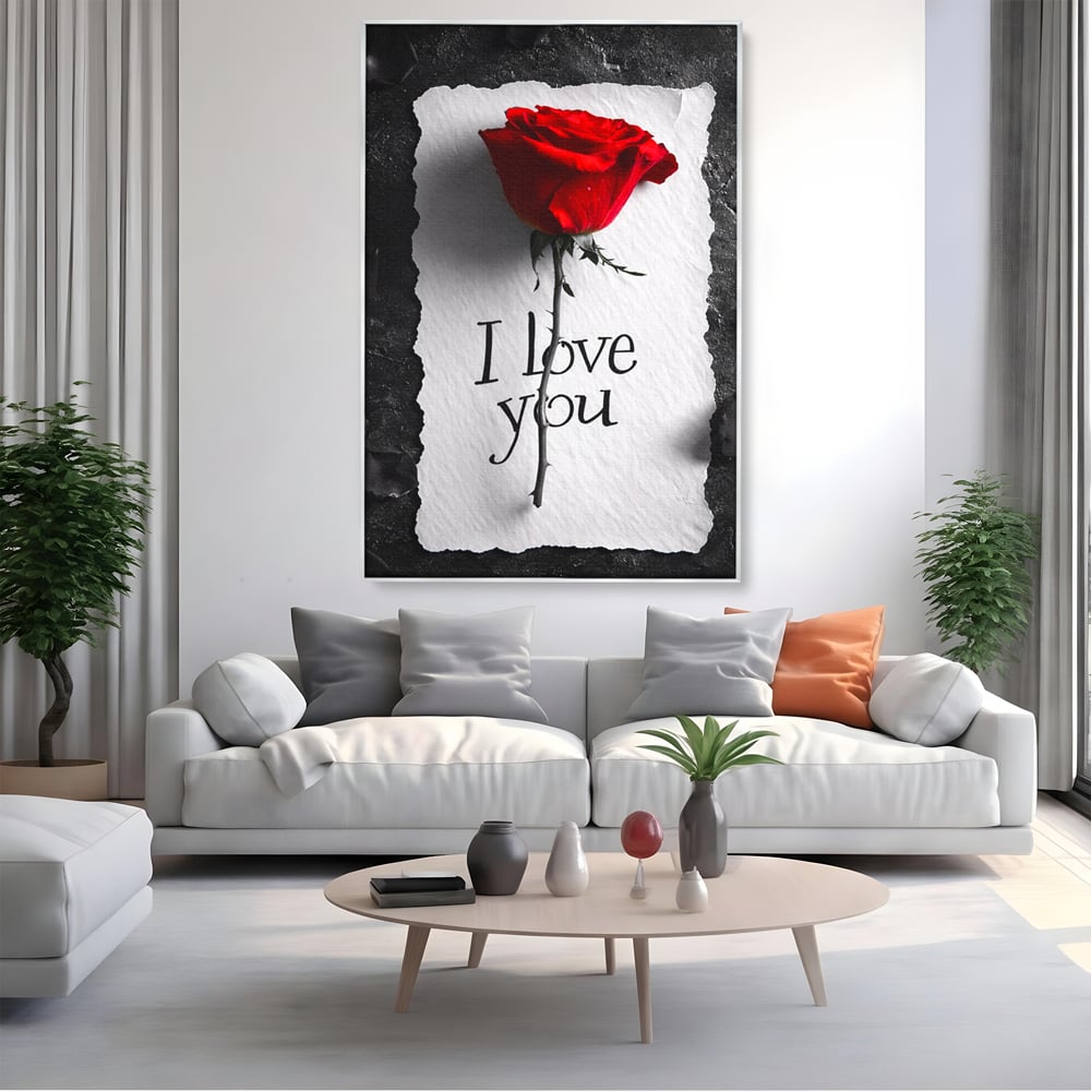 Tablou canvas cu tablou vertical cu trandafir rosu si mesaj, in rama de aluminiu argintiu, pe perete intr-un living